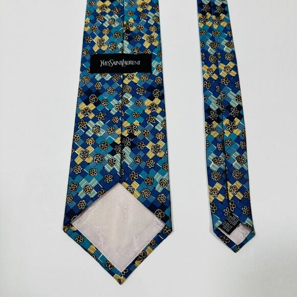 YSL Yves Saint Laurent Silk Necktie Blue Floral Geometric Handmade Italy - Picture 4 of 8